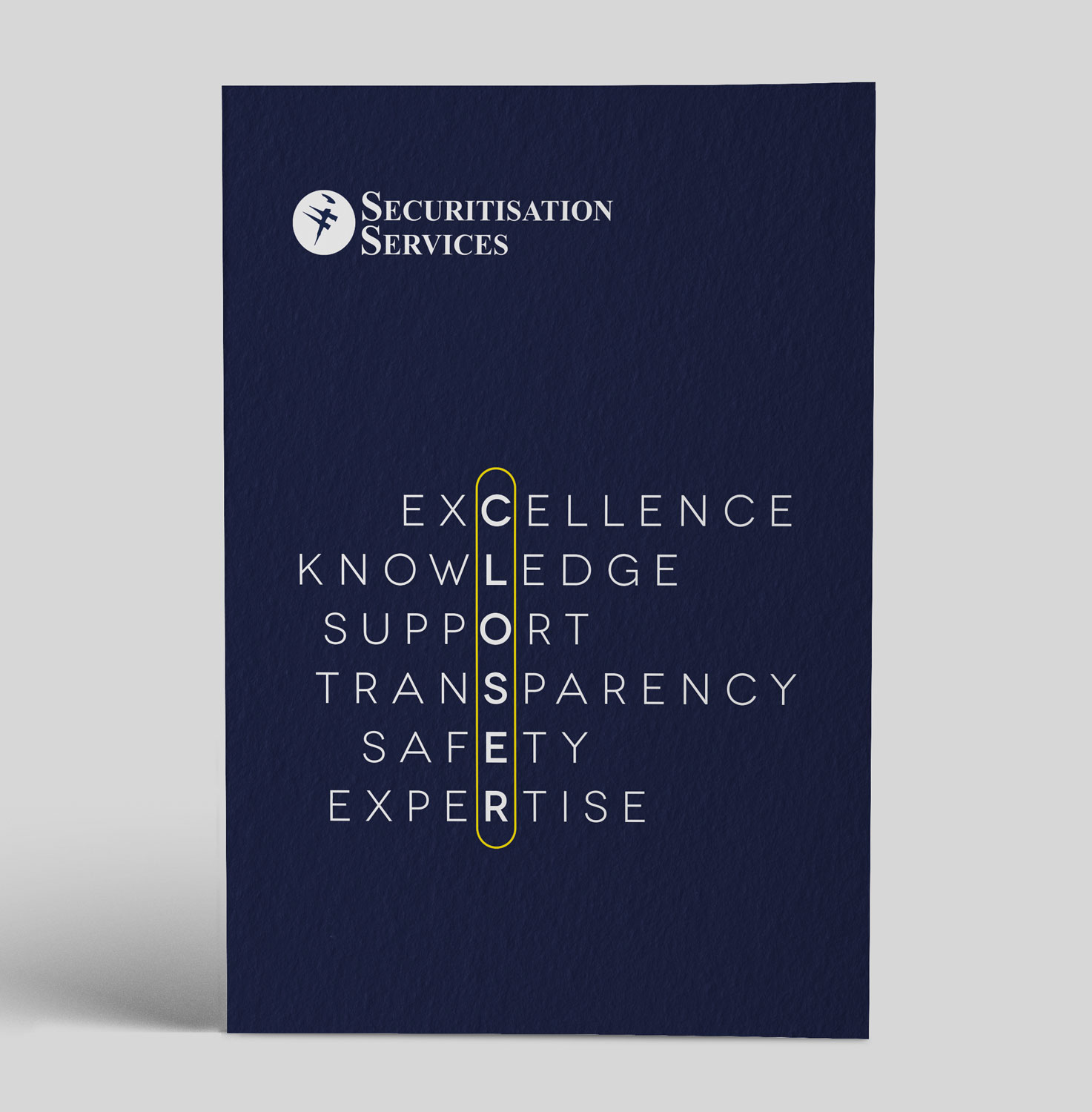 Un poster blu scuro con il logo e il nome di Securitisation Services in caratteri bianchi in alto a sinistra. Di seguito sono riportate diverse parole disposte verticalmente: Eccellenza, Conoscenza, Supporto, Trasparenza, Sicurezza, Competenza. Le lettere verticali compongono la parola "CLIENTE". Lo sfondo è semplice.