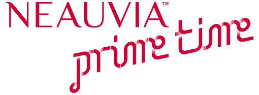 L'immagine presenta la scritta "NEAUVIA prime time" scritta in carattere rosso stilizzato. Le lettere hanno un design unico e angolato, che conferisce un aspetto moderno e dinamico. Lo sfondo è completamente nero.