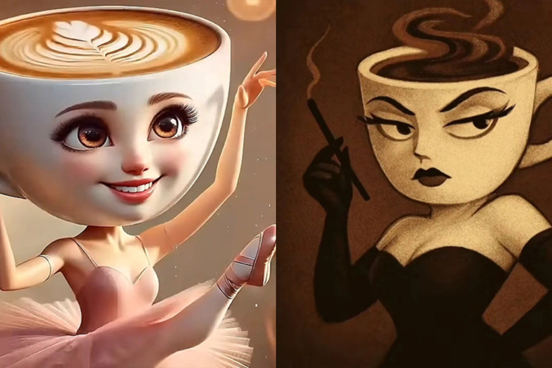 Immagine divisa di due donne con tazze di caffè come teste, che mostrano le mediastar. A sinistra: allegra ballerina in rosa con latte art, sorridente e in posa. A destra: donna elegante in abito nero, tazzina fumé, sigaretta in mano, sguardo serio.