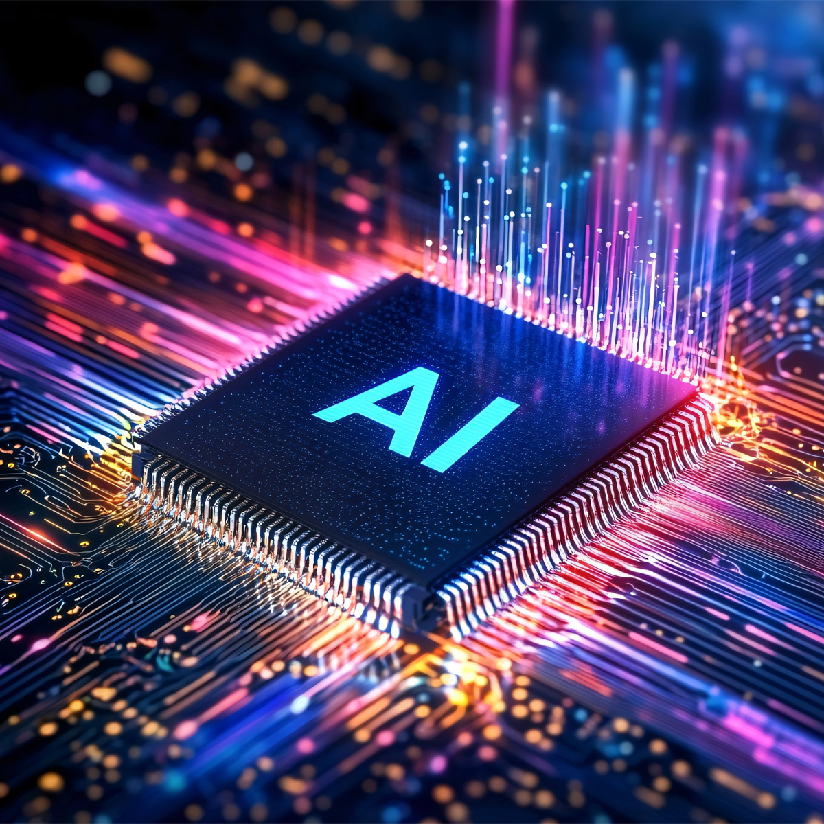 Un microchip incandescente con la dicitura "AI" si trova su un circuito stampato colorato e illuminato, con scie luminose e modelli digitali che evocano le mediastar che avanzano alla frontiera della tecnologia dell'intelligenza artificiale.