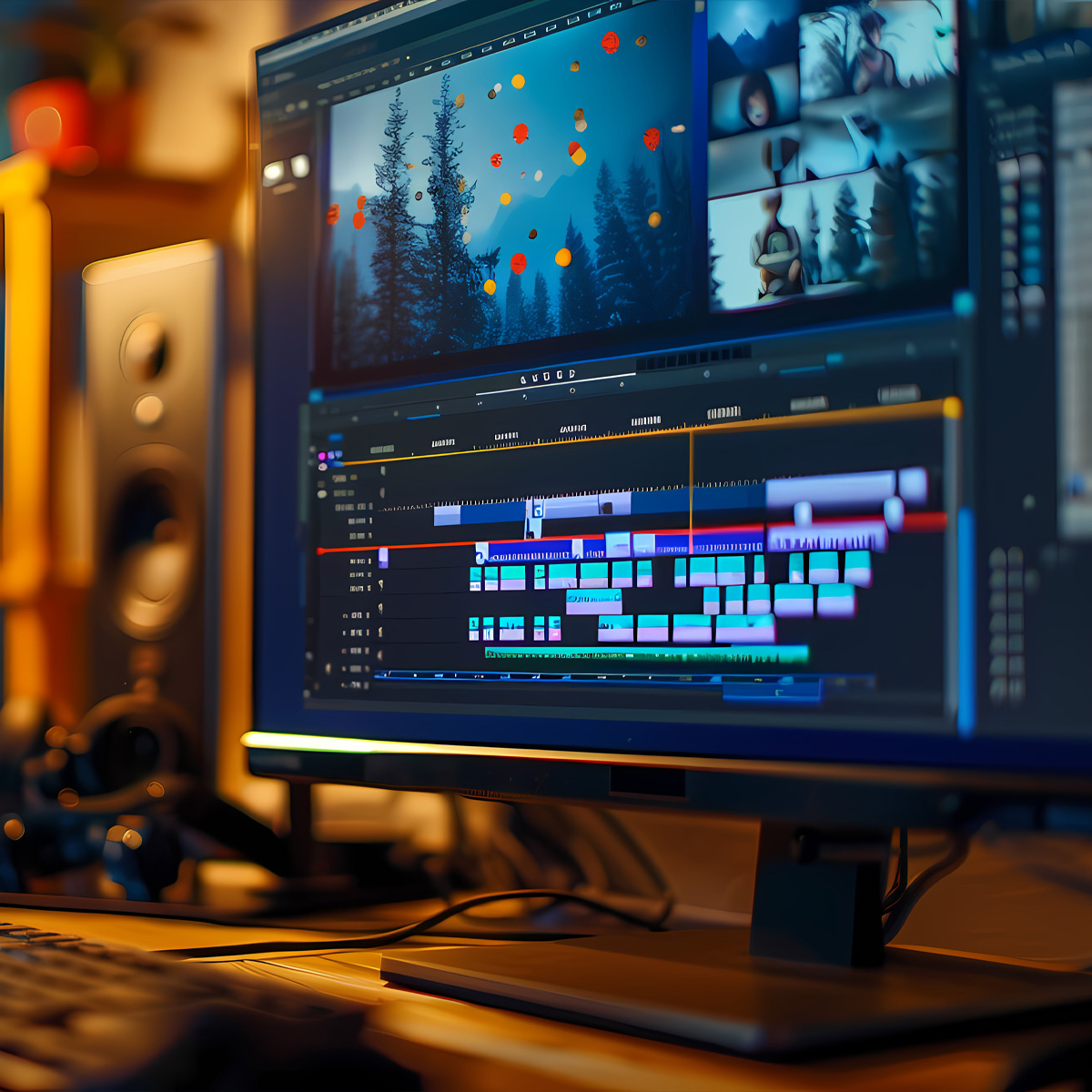 Sul monitor di un computer è visualizzata l'interfaccia del software di montaggio video mediastar con più tracce video e audio, clip e un'anteprima di una scena di foresta con foglie arancioni. L'area di lavoro, scarsamente illuminata, è dotata di apparecchiature audio nelle vicinanze.